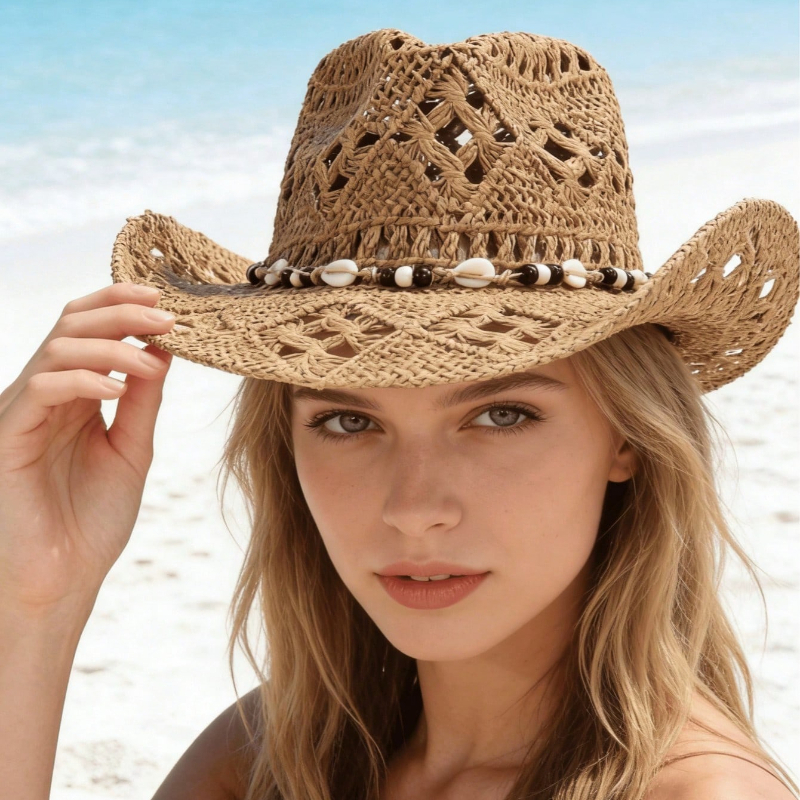 1pc Boho Shell Hollow Out Stra - Cowboy Hat Straw บทวิจารณ์และราคา